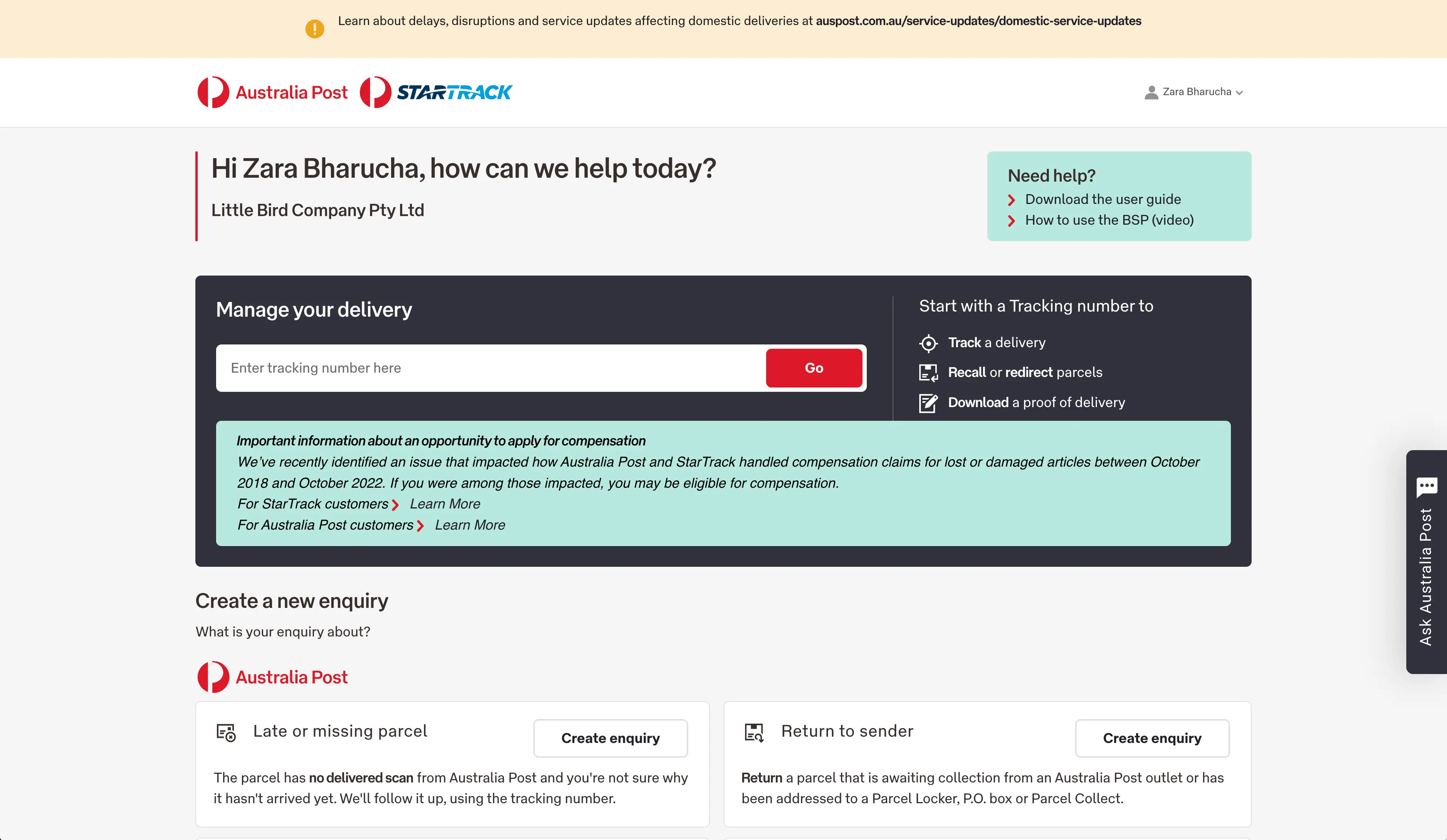 Click the "Create enquiry" button