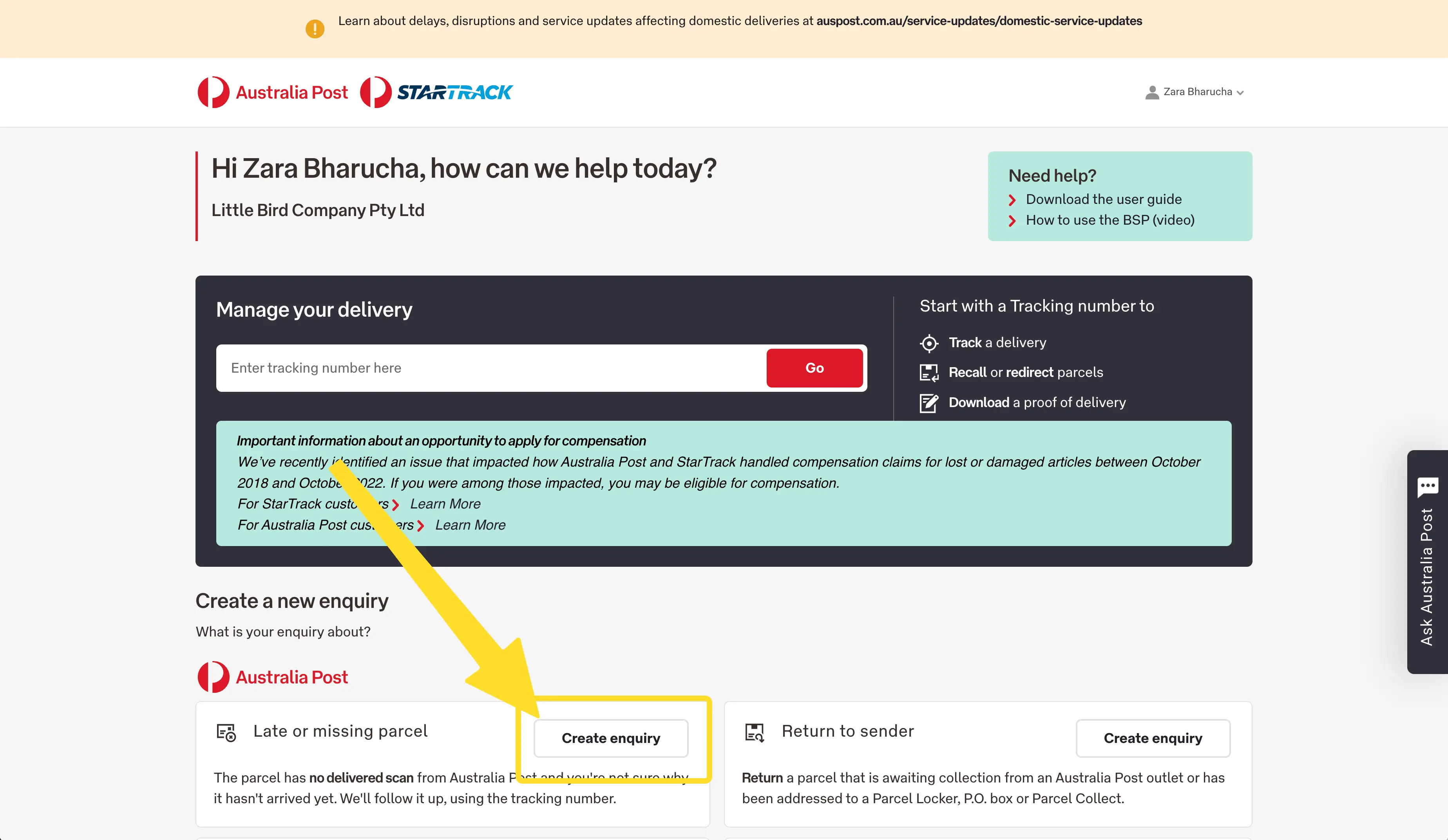 Click the "Create enquiry" button