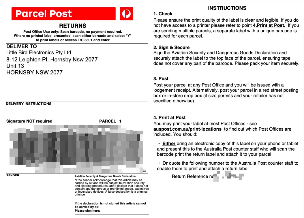 Australia Post Parcel Post Returns label addressed to Little Bird Electronics, alongside the four printed instructions: Check, Sign and Secure, Post, and Print at Post
