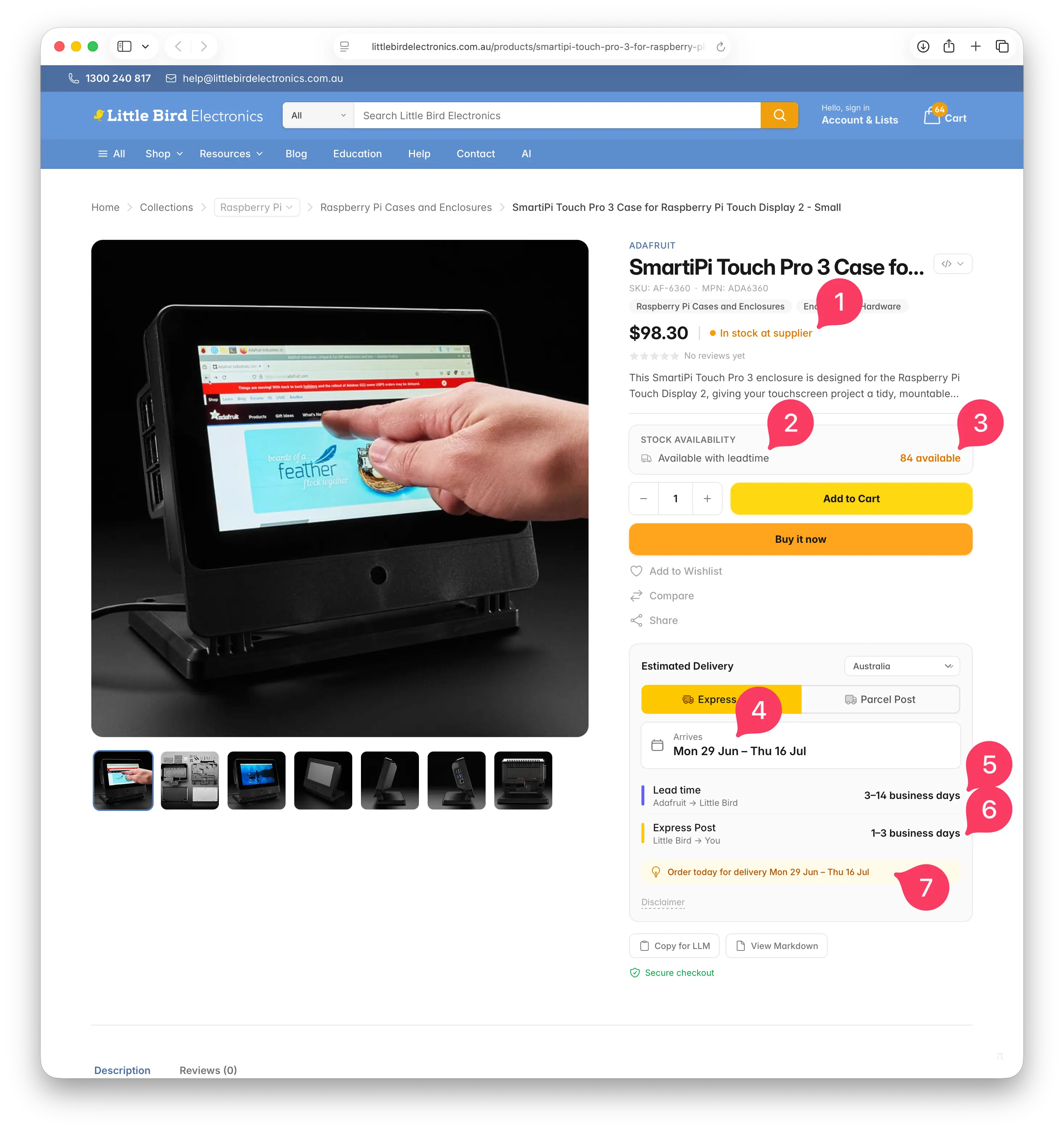 A Little Bird Electronics product page for a supplier item, with seven numbered callouts highlighting the supplier badge, stock availability, supplier inventory count, estimated delivery panel, lead-time row, shipping-method row, and the restated arrival date.
