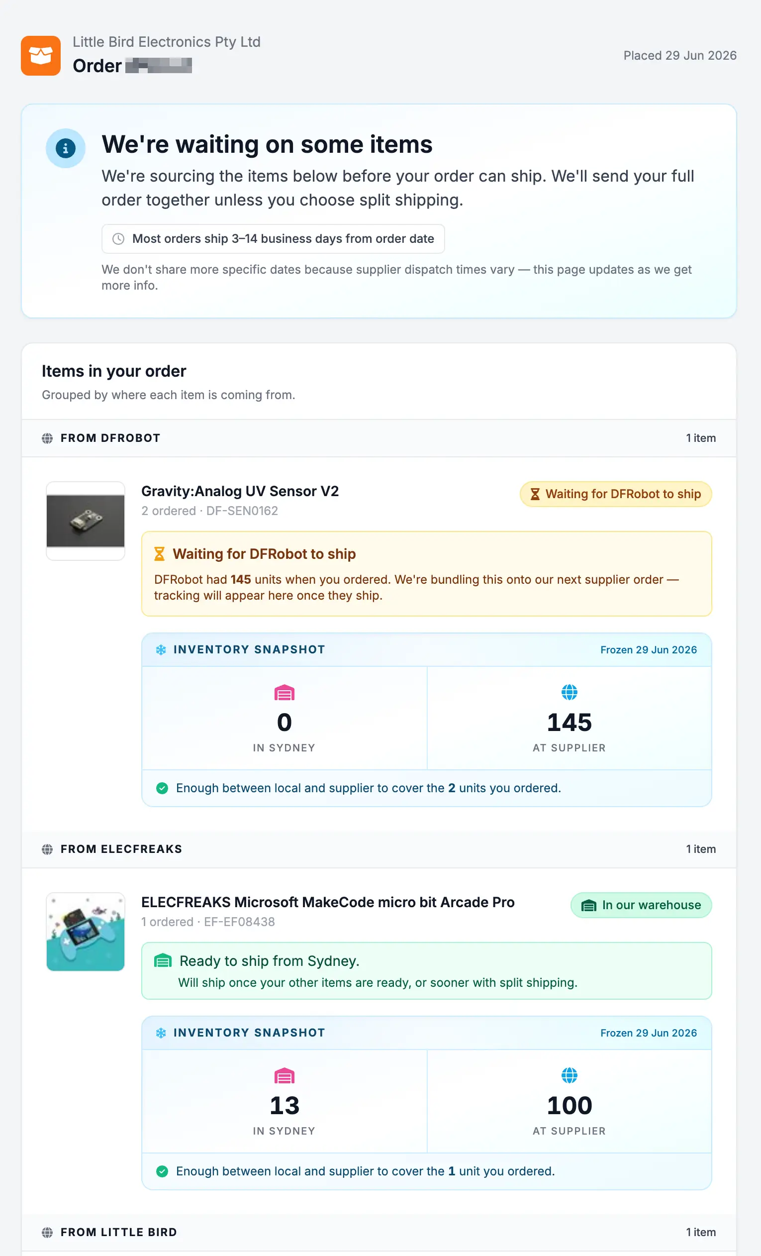 A Little Bird Electronics order page showing the live inbound shipment status of a supplier item on its way to our warehouse.