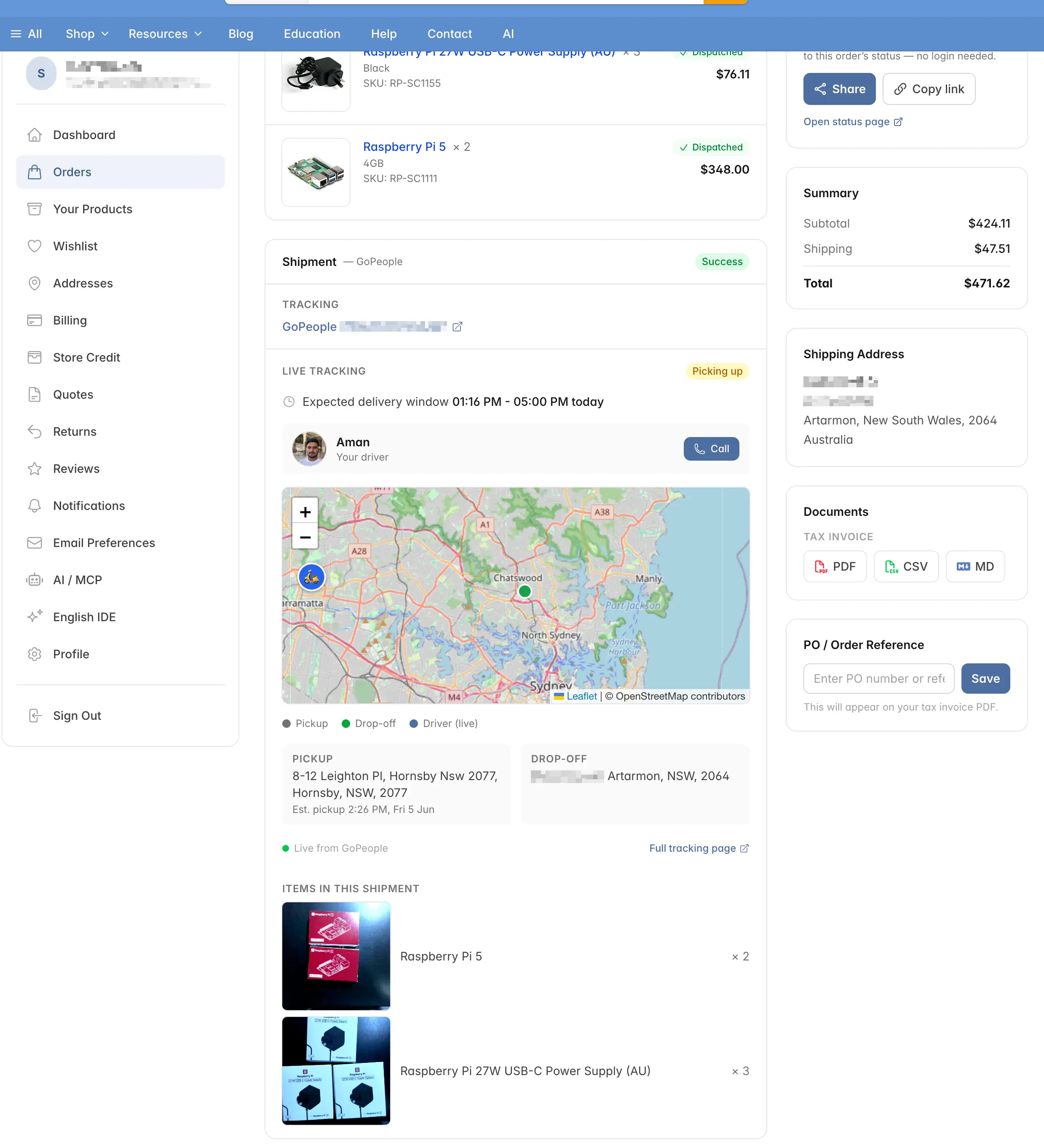 A Little Bird Electronics order tracking page showing a live map with the delivery driver's GPS location and the delivery agent's details.